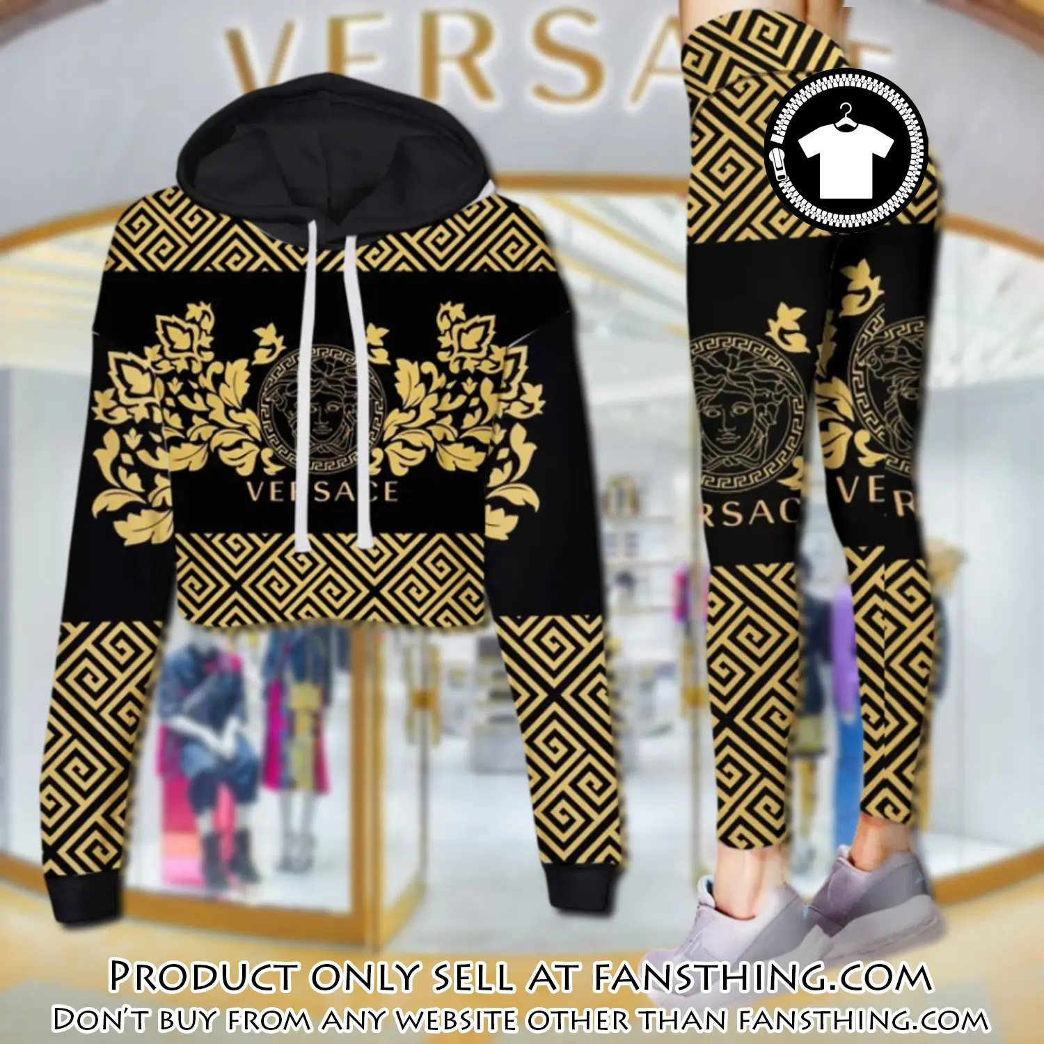 Versace medusa yellow pattern luxury brand clothes leggings and crop top set for women fst5541954